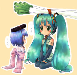 Rule 34 | 2girls, aqua hair, bad id, bad pixiv id, bare shoulders, binchou-tan, binchou-tan (character), binchou-tan (cosplay), black legwear, blue eyes, blue hair, blush, bow, coal, cosplay, crossover, detached sleeves, eye contact, green eyes, hatsune miku, headset, highres, large bow, long hair, looking at another, multiple girls, necktie, object on head, short hair, simple background, sitting, spring onion, suppy, tareme, thighhighs, translated, twintails, v arms, very long hair, vocaloid, wariza, zettai ryouiki