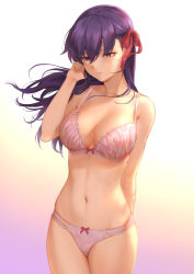 Rule 34 | 1girl, arm behind back, bare shoulders, blush, bra, breasts, cleavage, collarbone, commentary request, fate/stay night, fate (series), floating hair, gradient background, hair ribbon, hand in own hair, hand up, highres, large breasts, long hair, looking away, mashuu (neko no oyashiro), matou sakura, navel, panties, parted lips, pink bra, pink panties, purple eyes, purple hair, ribbon, ribbon-trimmed bra, ribbon-trimmed panties, sidelocks, signature, solo, stomach, thighs, twitter username, underwear, underwear only