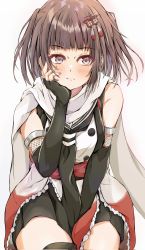 Rule 34 | 1girl, black gloves, black neckerchief, black skirt, black thighhighs, blunt bangs, brown eyes, brown hair, buttons, cowboy shot, dairyo3, double-breasted, elbow gloves, facing viewer, fingerless gloves, gloves, hand on own chin, highres, kantai collection, neckerchief, scarf, school uniform, sendai (kancolle), sendai kai ni (kancolle), serafuku, sideways glance, simple background, single thighhigh, sitting, skirt, solo, thighhighs, two side up, white background, white scarf