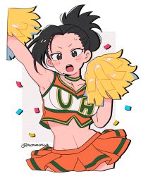 Rule 34 | 1girl, arm up, black hair, blush, boku no hero academia, breasts, cheerleader, commentary, confetti, crop top, cropped legs, groin, highres, looking at viewer, midriff, miniskirt, mommorua, open mouth, orange skirt, pom pom (cheerleading), ponytail, simple background, skirt, solo, standing, sweat, u.a. cheerleader uniform, white background, yaoyorozu momo