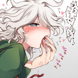 Rule 34 | 2boys, bad id, bad pixiv id, blue eyes, blush, commentary request, danganronpa (series), danganronpa 2: goodbye despair, finger in another&#039;s mouth, green jacket, grey hair, heart, hoshihuri, jacket, komaeda nagito, large hands, male focus, messy hair, multiple boys, open mouth, simple background, solo focus, sweat, tearing up, tears, tongue, translation request, upper body, yaoi