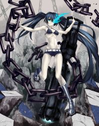 Rule 34 | 10s, 1girl, absurdres, armpits, bad id, bad pixiv id, bare shoulders, belt, bikini, bikini top only, black bikini, black hair, black rock shooter, black rock shooter (character), blue eyes, blue hair, boots, chain, glowing, glowing eye, gun, highres, huge weapon, knee boots, long hair, matching hair/eyes, midriff, aged up, pale skin, revision, scar, short shorts, shorts, solo, swimsuit, takabow, twintails, very long hair, weapon