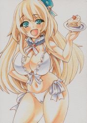 Rule 34 | 10s, 1girl, aqua eyes, atago (kancolle), bikini, blonde hair, blush, breasts, cake, choker, cleavage, curvy, food, front-tie top, fruit, hat, holding, holding plate, kantai collection, large breasts, long hair, marker (medium), mechanical pencil, millipen (medium), navel, open mouth, pencil, plate, side-tie bikini bottom, simple background, slit pupils, solo, strawberry, swimsuit, thick thighs, thighs, traditional media, whipped cream, white background, white bikini, yutakasan-love