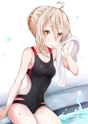 Rule 34 | 1girl, ahoge, artoria pendragon (all), artoria pendragon (fate), bare shoulders, black one-piece swimsuit, blonde hair, braid, breasts, collarbone, commentary request, covered navel, fate/grand order, fate (series), hair between eyes, highres, holding, holding towel, kakan (amka), leaning to the side, looking at viewer, medium breasts, mysterious heroine x alter (fate), one-piece swimsuit, saber alter, short hair, sitting, solo, swimsuit, towel, water, white background, white towel, yellow eyes