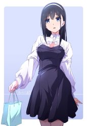 Rule 34 | 1girl, aqua bag, arm behind back, bag, black dress, black hair, bloom, blue background, blue eyes, border, breasts, cleavage cutout, clothing cutout, collared shirt, commentary, contrapposto, cowboy shot, cropped shirt, dated, dress, eyes visible through hair, frilled shirt, frilled shrug, frills, hair between eyes, hairband, highres, holding, holding bag, long hair, long sleeves, looking at viewer, medium breasts, monai-chan (nii manabu), nii manabu, original, outside border, parted lips, puffy long sleeves, puffy sleeves, shirt, shopping bag, shrug (clothing), sidelocks, signature, simple background, solo, standing, strapless, strapless dress, taut clothes, taut dress, white border, white hairband, white shirt, white sleeves