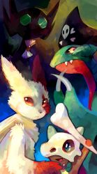 Rule 34 | aqua eyes, bone, bow, bowtie, claws, closed mouth, colored skin, commentary, creatures (company), cubone, devonshire (pmd-explorers), fangs, gabite, game freak, gen 1 pokemon, gen 3 pokemon, gen 4 pokemon, glitchedpuppet, gunpowder (pmd-explorers), hat, highres, holding, holding bone, nintendo, no humans, open mouth, orange eyes, outstretched arm, pirate hat, pokemon, pokemon (creature), pokemon mystery dungeon, purple skin, sableye, zangoose