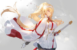 Rule 34 | 1girl, black pantyhose, blonde hair, blue eyes, breasts, cape, character name, closed mouth, cowboy shot, dress, duke of york (zhan jian shao nyu), from side, gloves, hair over one eye, hairband, holding, holding sword, holding weapon, kishiyo, long hair, looking away, medium breasts, military, military uniform, necktie, pantyhose, ponytail, red necktie, sheath, sheathed, short dress, solo, swept bangs, sword, uniform, very long hair, warship girls r, weapon, white dress, white gloves, white hairband