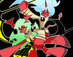 Rule 34 | 10s, colored skin, demon girl, double gold lacytanga, double gold spandex, gun, horns, kneesocks (psg), panty &amp; stocking with garterbelt, red skin, scanty (psg), sword, tail, weapon