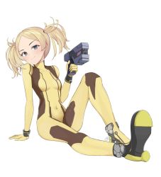 Rule 34 | 1girl, alternate costume, blonde hair, blue hair, breasts, closed mouth, commission, cosplay, covered navel, fire emblem, fire emblem awakening, full body, high heels, holding, holding weapon, lissa (fire emblem), long hair, metroid, nintendo, plasma gun, samus aran, samus aran (cosplay), skin tight, small breasts, solo, sotomie, twintails, weapon, zero suit