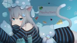 Rule 34 | 1girl, amashiro natsuki, animal ears, bare shoulders, blue background, blue eyes, blush, cat ears, cat girl, cat tail, character name, closed mouth, commentary request, drawn whiskers, eyebrows hidden by hair, fang, fang out, grey hair, hair between eyes, hair ornament, hand up, long hair, long sleeves, looking at viewer, lying, nachoneko, off-shoulder shirt, off shoulder, on stomach, original, shirt, sleeves past wrists, smile, solo, striped clothes, striped shirt, stuffed animal, stuffed cat, stuffed toy, tail, tail raised, upper body
