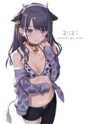 Rule 34 | 1girl, 2021, absurdres, animal ears, animal print, asymmetrical clothes, asymmetrical legwear, bell, bikini, black hair, blush, breasts, character request, cleavage, closed mouth, clothes down, collar, collarbone, cow ears, cow horns, cow print, cow tail, fake horns, grey jacket, hairband, halterneck, happy new year, highres, horns, jacket, long hair, looking at viewer, medium breasts, mole, mole under mouth, neck bell, new year, open clothes, open jacket, print bikini, print jacket, purple eyes, red collar, simple background, single pantsleg, solo, swimsuit, tail, umirororo, white background, white hairband