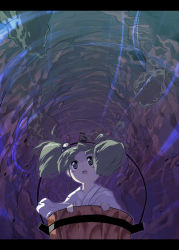 Rule 34 | 1girl, bucket, cave, female focus, green hair, in bucket, in container, japanese clothes, kisume, letterboxed, shape, solo, syope, touhou, twintails
