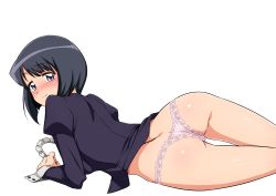 Rule 34 | 1girl, absurdres, ass, black hair, blue eyes, haruhisky, unworn headwear, highres, lace, lace-trimmed panties, lace trim, long sleeves, lying, maid headdress, naughty face, on side, panties, puffy sleeves, see-through, shiny skin, short hair, siesta (zero no tsukaima), smile, solo, transparent background, uncensored, underwear, white background, wrist cuffs, zero no tsukaima