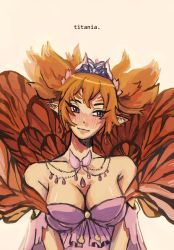 Rule 34 | 1girl, artist request, bare shoulders, blue eyes, blush, breasts, butterfly wings, cleavage, dress, earrings, fairy, feo ul, final fantasy, final fantasy xiv, highres, insect wings, jewelry, large breasts, lipstick, looking to the side, makeup, medium breasts, orange hair, pendant, pink dress, pointy ears, smile, solo, tiara, twintails, upper body, wings