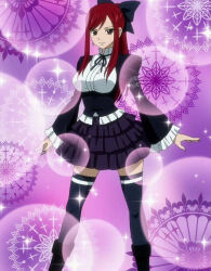 Rule 34 | artist request, asymmetrical bangs, blush, boots, bow, breasts, brown eyes, earrings, erza scarlet, fairy tail, frilled skirt, frilled sleeves, frills, gothic lolita, hair bow, hair ornament, hourglass, jewelry, large breasts, lens flare, lolita fashion, long bangs, long hair, long sleeves, looking at viewer, purple background, red hair, ribbon, skirt, smile, standing, strap, thick thighs, thighs, wide sleeves
