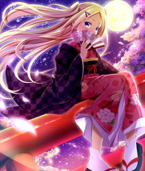 Rule 34 | 10s, 1girl, blonde hair, blue eyes, cherry blossoms, covering own mouth, dutch angle, floral print, folding fan, full moon, hair ornament, hairclip, hana n. fountainstand, hanayamata, hand fan, japanese clothes, kimono, long hair, looking at viewer, moon, night, night sky, obi, outdoors, petals, sandals, sash, sitting, sitting on torii, sky, solo, star (sky), starry sky, sui. (ayase), tabi, torii, tree, two side up, very long hair, zouri