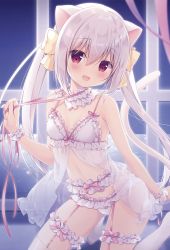 Rule 34 | 1girl, :d, animal ears, babydoll, bare shoulders, blush, bow, bra, breasts, bridal garter, cat ears, cat girl, cat tail, commentary request, frilled bra, frilled panties, frills, garter belt, hair between eyes, hair bow, highres, kneeling, long hair, looking at viewer, miyasaka naco, no shoes, open mouth, original, panties, red eyes, see-through, silver hair, small breasts, smile, solo, tail, tail raised, thighhighs, twintails, underwear, underwear only, very long hair, white bra, white panties, white thighhighs, window, wrist cuffs, yellow bow