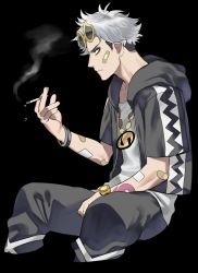 Rule 34 | 1boy, arm tattoo, bad id, bad pixiv id, bags under eyes, bandaid, bandaid on face, black background, chain, chain necklace, cigarette, closed mouth, creatures (company), dark-skinned male, dark skin, eyewear on head, from side, game freak, guzma (pokemon), hood, hoodie, jewelry, male focus, multicolored hair, necklace, nintendo, pants, plaster, pokemon, pokemon sm, shirt, short sleeves, simple background, sitting, smoking, solo, sunglasses, tattoo, team skull, two-tone hair, wadani hitonori, watch, white hair, white shirt, wristband