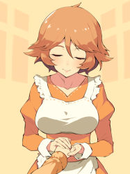 Rule 34 | 1girl, ahoge, apron, breasts, closed mouth, collarbone, dress, elysion, closed eyes, hair between eyes, holding hands, juliet sleeves, light brown hair, long sleeves, medium breasts, orange dress, puffy sleeves, ribbon trim, sacrifice&#039;s sister (elysion), sacrifice (sound horizon), short hair, siblings, sisters, sleeve cuffs, smile, solo focus, sound horizon, v-neck, waist apron, white apron, yellow background, youhei 64d