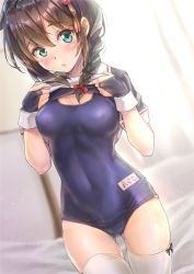 Rule 34 | 10s, 1girl, ahoge, aqua eyes, black hair, black serafuku, blue one-piece swimsuit, blush, braid, breasts, clothes lift, covered erect nipples, covered navel, cowboy shot, fingerless gloves, gloves, gluteal fold, hair flaps, hair ornament, hair over shoulder, highres, kantai collection, koyuki (kotatsu358), lifting own clothes, looking at viewer, medium breasts, name tag, old school swimsuit, one-piece swimsuit, school swimsuit, school uniform, serafuku, shigure (kancolle), shigure kai ni (kancolle), shirt lift, single braid, skindentation, solo, swimsuit, swimsuit under clothes, thighhighs, white thighhighs