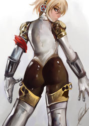 Rule 34 | 1girl, aegis (persona), android, armband, ass, blonde hair, blue eyes, cowboy shot, from behind, gloves, highres, joints, looking at viewer, looking back, megami tensei, orion-m, persona, persona 3, robot, robot ears, robot joints, shiny clothes, signature, solo, white gloves