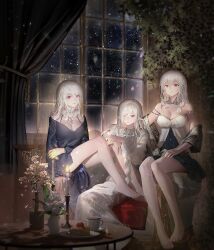 3girls absurdres arknights bare_legs bare_shoulders barefoot black_dress blue_dress candle chinese_commentary clothing_request collar commentary_request copyright_notice couch cross cross_necklace cup curtains dress flower food frilled_collar frills gladiia_(arknights) grey_hair guang_quan hair_between_eyes hair_over_one_eye highres indoors jewelry leaf long_hair long_sleeves looking_at_viewer multiple_girls necklace pancake pointy_ears red_eyes sitting skadi_(arknights) smile snowing sparkle specter_(arknights) table white_collar white_dress white_flower white_hair window