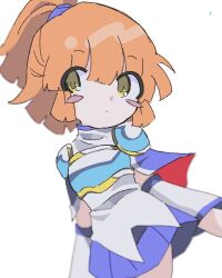 Rule 34 | 1girl, arle nadja, armor, blue armor, blue skirt, blush stickers, breastplate, capelet, closed mouth, enorari, film grain, frown, hair between eyes, looking to the side, madou monogatari, miniskirt, orange hair, pleated skirt, ponytail, puyopuyo, shirt, shoulder armor, skirt, solo, standing, two-sided fabric, white shirt, yellow eyes