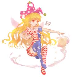 Rule 34 | 1girl, @ @, alternate legwear, american flag dress, american flag legwear, bad id, bad twitter id, blonde hair, catchphrase, clownpiece, english text, fairy wings, full body, hajin, hat, jester cap, long hair, looking at viewer, moon, open mouth, outstretched arm, print thighhighs, red eyes, short sleeves, simple background, smile, solo, star (symbol), striped clothes, striped thighhighs, text focus, thighhighs, touhou, white background, wings