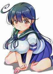 Rule 34 | 1girl, ahoge, all fours, black hair, blue socks, blue skirt, breasts, commentary request, feet out of frame, green sailor collar, highres, kantai collection, kneehighs, large breasts, long hair, looking at viewer, pleated skirt, sailor collar, school uniform, serafuku, simple background, skirt, socks, solo, ushio (kancolle), white background, yashin (yasinz)