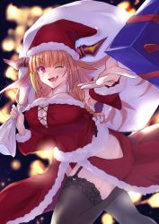 Rule 34 | &gt; o, 1girl, absurdres, alternate costume, bag, bare shoulders, black thighhighs, blonde hair, blunt bangs, blush, box, braid, breasts, bright pupils, christmas, cleavage, commentary request, detached sleeves, dragon girl, dragon horns, dress, fang, fangs, fur-trimmed dress, fur-trimmed sleeves, fur collar, fur trim, gift, gift bag, gift box, gradient eyes, hat, highres, hip vent, holding, holding bag, hololive, horns, incoming gift, kiryu coco, large breasts, long hair, looking at viewer, multicolored eyes, multicolored hair, night, one eye closed, open mouth, orange hair, panties, pantyshot, pointy ears, purple eyes, red dress, red eyes, red hat, red sleeves, santa costume, santa hat, side braid, single braid, skin fang, smile, solo, sora shitatoge, strapless, strapless dress, streaked hair, thighhighs, thighs, underwear, virtual youtuber