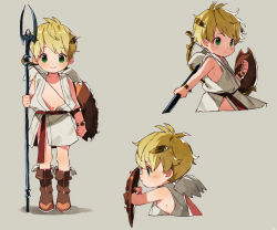 Rule 34 | 1boy, angel wings, blonde hair, blush, boots, child, freckles, green eyes, grey background, hair ornament, highres, holding, holding weapon, male focus, mini wings, nemui (nemuriyagi), original, polearm, profile, shield, short hair, simple background, solo, standing, toga, weapon, wings