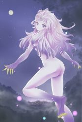Rule 34 | 1990s (style), 1girl, artist request, ass, barefoot, blue eyes, claws, colored skin, feet, final fantasy, final fantasy vi, gradient background, long hair, looking at viewer, looking back, moon, night, nude, pointy ears, purple hair, purple skin, retro artstyle, signature, sky, smile, solo, star (sky), star (symbol), starry sky, tina branford, trance terra branford