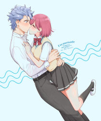Rule 34 | 1boy, 1girl, arms around waist, artist name, black socks, blue background, blush, bob cut, bow, bowtie, breasts, closed eyes, collared shirt, couple, dated, feet out of frame, grey hair, grey pants, grey skirt, hair between eyes, hand on another&#039;s chest, hetero, highres, kiss, krudears, long sleeves, medium breasts, pants, pink hair, pleated skirt, protagonist (tokimemo gs3), red bow, red bowtie, red eyes, school uniform, shirt, shitara seiji, short hair, skirt, socks, sweater vest, tokimeki memorial, tokimeki memorial girl&#039;s side 3rd story, twitter username, white footwear, white shirt, wide-eyed, yellow sweater vest