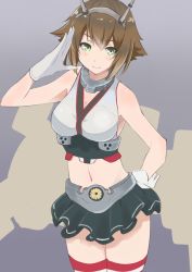 Rule 34 | 10s, 1girl, bad id, bad twitter id, blush, breasts, cowboy shot, gloves, gomashi (goma), hand on own hip, headgear, kantai collection, looking at viewer, midriff, mutsu (kancolle), navel, salute, short hair, sketch, skirt, smile, solo, striped clothes, striped thighhighs, thighhighs, white gloves