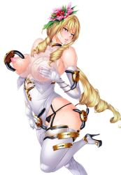 Rule 34 | 1girl, blonde hair, blue eyes, bodysuit, grabbing another&#039;s breast, breasts, cleavage, collar, collarbone, curvy, drill hair, elbow gloves, fei (maidoll), female focus, fingering, gloves, grabbing, highres, large breasts, lilith-soft, long hair, looking at viewer, nipples, no bra, shiny skin, sochie taylor, solo, sweat, taimanin (series), taimanin asagi kessen arena