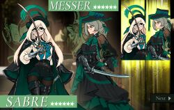 Rule 34 | 2girls, arknights, ascot, black dress, black eyes, blonde hair, boots, braid, centurii-chan (artist), closed mouth, coat, coat on shoulders, colored eyelashes, commentary, dress, english commentary, english text, gacha, gauntlets, glasses, gloves, green eyes, green gloves, grey hair, hand on own hip, highres, holding, holding sword, holding weapon, long hair, long sleeves, looking at viewer, multiple girls, original, puffy long sleeves, puffy sleeves, saber (weapon), sheath, sword, thigh sheath, thighhighs, weapon