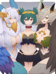 Rule 34 | 3girls, ancient world harpy (granblue fantasy), bird legs, black feathers, black wings, blue feathers, blue pupils, blush, breasts, cleavage, commission, elil (granblue fantasy), feathered wings, feathers, granblue fantasy, green eyes, green feathers, green hair, hair over one eye, harpy, head wings, highres, horns, indie virtual youtuber, large breasts, lincoro, long hair, looking at viewer, medium breasts, midriff, monster girl, multiple girls, navel, no tattoo, open mouth, pointy ears, red eyes, short hair, short twintails, skeb commission, smile, textless version, tiara, twintails, virtual youtuber, white hair, white wings, winged arms, wings, yellow eyes, yonaga san