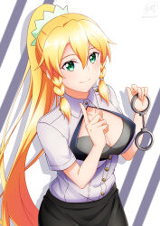 Rule 34 | 1girl, alternate costume, black skirt, blonde hair, bra, braid, breasts, buttons, cleavage, cleavage cutout, closed mouth, clothing cutout, collarbone, collared shirt, commentary request, costume request, cowboy shot, cuffs, fairy (sao), gesture request, green eyes, grey bra, hair between eyes, hair ornament, handcuffs, high collar, high ponytail, highres, holding, holding handcuffs, ken-ji, leafa, light smile, long hair, looking at viewer, medium breasts, ponytail, shadow, shirt, shirt tucked in, short sleeves, sidelocks, signature, skirt, solo, sword art online, twin braids, twitter username, underwear, very long hair, white background, white shirt