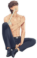 Rule 34 | 1boy, bandages, bleeding, blood, brown eyes, brown hair, eyebrows, fate/zero, fate (series), forked eyebrows, kotomine kirei, male focus, moratorian, mouth hold, simple background, solo, topless male, white background