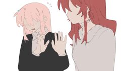 Rule 34 | 2girls, black jacket, blush, bocchi the rock!, choker, collared shirt, commentary, cube hair ornament, flying sweatdrops, gotoh hitori, hair ornament, hands up, highres, jacket, kita ikuyo, long hair, long sleeves, multiple girls, open mouth, pink hair, red hair, shirt, simple background, upper body, white background, white choker, white shirt, yanlingjinshilihuahua