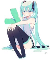 Rule 34 | 1girl, aqua eyes, aqua hair, aqua necktie, black footwear, black skirt, blush, boots, check commentary, commentary, commentary request, frown, full body, grey shirt, hair ornament, hands on own knees, hatsune miku, highres, holding, holding pillow, long hair, looking at viewer, miniskirt, necktie, parted lips, pillow, pleated skirt, shirt, simple background, sitting, skirt, sleeveless, solo, spring onion, sweat, thigh boots, thighhighs, twintails, very long hair, vocaloid, white background, yamori shiki