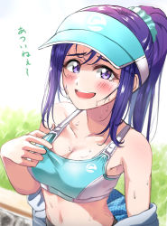 Rule 34 | 1girl, absurdres, birthday, blue hair, blush, breasts, cleavage, commentary request, embarrassed, green scrunchie, highres, long hair, looking at viewer, love live!, love live! school idol festival, love live! sunshine!!, matsuura kanan, medium breasts, ponytail, purple eyes, scrunchie, shaka (staito0515), sidelocks, solo, sports bra, sweat, translation request, upper body, visor cap