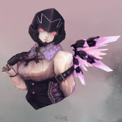 Rule 34 | 1girl, black bow, black corset, bow, breasts, corset, decepticon, f15se cathy, genderswap, genderswap (mtf), head tilt, highres, looking at viewer, mecha, mechanical wings, medium breasts, megatron, megatron (idw), pink eyes, robot, shirt, solo, the transformers (idw), transformers, upper body, white shirt, wings
