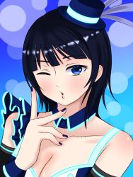 Rule 34 | 1girl, :o, artist name, artist request, asaka karin, bare shoulders, black gloves, black sleeves, blue background, blue bow, blue camisole, blue detached collar, blue eyes, blue hair, blue hat, blue nail polish, blue nails, blue shirt, blue tank top, blue wrist cuffs, blush, bow, bowtie, breasts, bridal gauntlets, buttons, camisole, cleavage, collarbone, crop top, dark blue hair, detached collar, detached sleeves, earrings, elbow sleeve, feathers, female focus, fingerless gloves, gloves, hat, hat feather, highres, jewelry, looking at viewer, love live!, love live! nijigasaki high school idol club, love live! school idol festival, medium breasts, medium hair, midriff, mini hat, mini top hat, mole, mole on body, mole on breast, nail, nail polish, parted lips, shirt, short hair, single bare shoulder, single sleeve, sleeveless, smile, solo, star (symbol), star earrings, tank top, top hat, upper body, vivid world (love live!), white feathers, wing collar, wrist cuffs