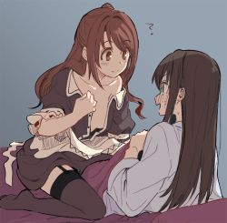 Rule 34 | 2girls, ?, akni, bare shoulders, blanket, blush, breasts, brown eyes, brown hair, commentary request, earrings, garter straps, green eyes, grey background, half updo, idolmaster, idolmaster cinderella girls, jewelry, long hair, maid, multiple girls, no bra, on bed, one side up, open mouth, shibuya rin, shimamura uzuki, shirt, sidelocks, simple background, sitting, sitting on lap, sitting on person, smile, sweatdrop, thighhighs, unbuttoned, under covers, undressing, yuri