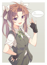 Rule 34 | 1girl, :d, ahoge, anniversary, black gloves, brown hair, collared shirt, dress shirt, e20, fingerless gloves, gloves, green ribbon, grey background, grey skirt, grey vest, hair ribbon, hand on own hip, kagerou (kancolle), kantai collection, long hair, neck ribbon, open mouth, outside border, parted bangs, pleated skirt, purple eyes, ribbon, shirt, skirt, smile, solo, speech bubble, twintails, two-tone background, vest, white background, white ribbon, white shirt