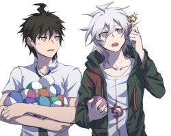 Rule 34 | 2boys, ahoge, brown eyes, brown hair, collarbone, collared shirt, commentary request, crossed arms, danganronpa (series), danganronpa 2: goodbye despair, gacha, gashapon, green eyes, green jacket, grey hair, grey shirt, hair between eyes, hand up, hinata hajime, holding, holding key, hood, hooded jacket, jacket, key, komaeda nagito, long sleeves, looking at another, looking up, male focus, medium hair, multiple boys, open clothes, open mouth, print shirt, shaded face, shirt, short hair, simple background, sweatdrop, teeth, too many, upper body, upper teeth only, white background, ziling