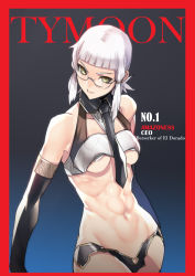Rule 34 | 1girl, abs, ban! (bansankan), bare shoulders, bespectacled, black background, black neckwear, blunt bangs, border, breasts, cover, cowboy shot, detached collar, english text, fate/grand order, fate (series), glasses, hip focus, looking at viewer, magazine cover, muscular, muscular female, parody, penthesilea (fate), red border, shiny skin, short hair, sidelocks, sideways glance, small breasts, smile, solo, thighs, time (magazine), title parody, toned, type-moon, underboob, white hair, yellow eyes