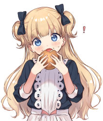 Rule 34 | !, 1girl, :o, black bow, black shirt, blonde hair, blush, bow, commentary request, eating, emilico (shadows house), food, food on face, hair bow, hands up, head tilt, highres, holding, holding food, long hair, long sleeves, looking at viewer, open mouth, otou mamayo, puffy long sleeves, puffy sleeves, shadows house, shirt, simple background, skirt, solo, teeth, two side up, upper teeth only, very long hair, white background, white skirt