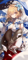 Rule 34 | 1girl, ;), archetype earth, arcueid brunestud, blonde hair, blurry, blurry foreground, breasts, brown gloves, brown pantyhose, cleavage, closed mouth, crossed legs, detached sleeves, fate/grand order, fate (series), flower, gloves, hair flower, hair ornament, highres, legs, looking at viewer, medium breasts, one eye closed, pantyhose, red eyes, shino (eefy), shoes, short hair, sitting, smile, solo, tsukihime, white footwear, white sleeves